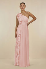 Rose Petal Ruffled One-Shoulder Pleated Sheath Bridesmaid Dress | KISSBRIDAL