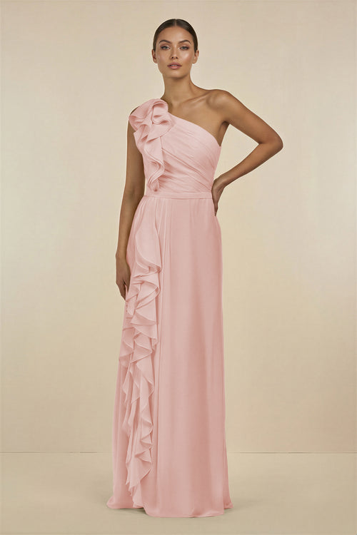 Rose Petal Ruffled One-Shoulder Pleated Sheath Bridesmaid Dress | KISSBRIDAL