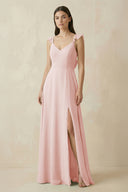 Rose Petal Ruffled Sleeve A-Line Chiffon Bridesmaid Dress | KISSBRIDAL