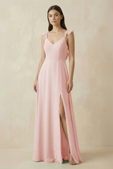 Rose Petal Ruffled Sleeve A-Line Chiffon Bridesmaid Dress | KISSBRIDAL