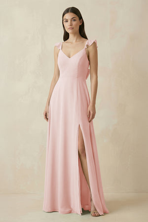 Rose Petal Ruffled Sleeve A-Line Chiffon Bridesmaid Dress | KISSBRIDAL