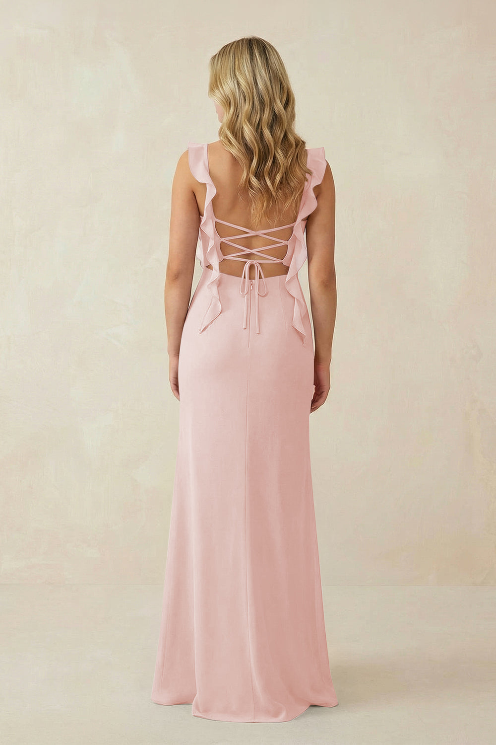 Ruffled Sleeve Ruched Sheath Chiffon Bridesmaid Dress in Rose Petal