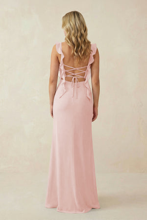 Rose Petal Ruffled Sleeve Ruched Sheath Chiffon Bridesmaid Dress (2) | KISSBRIDAL
