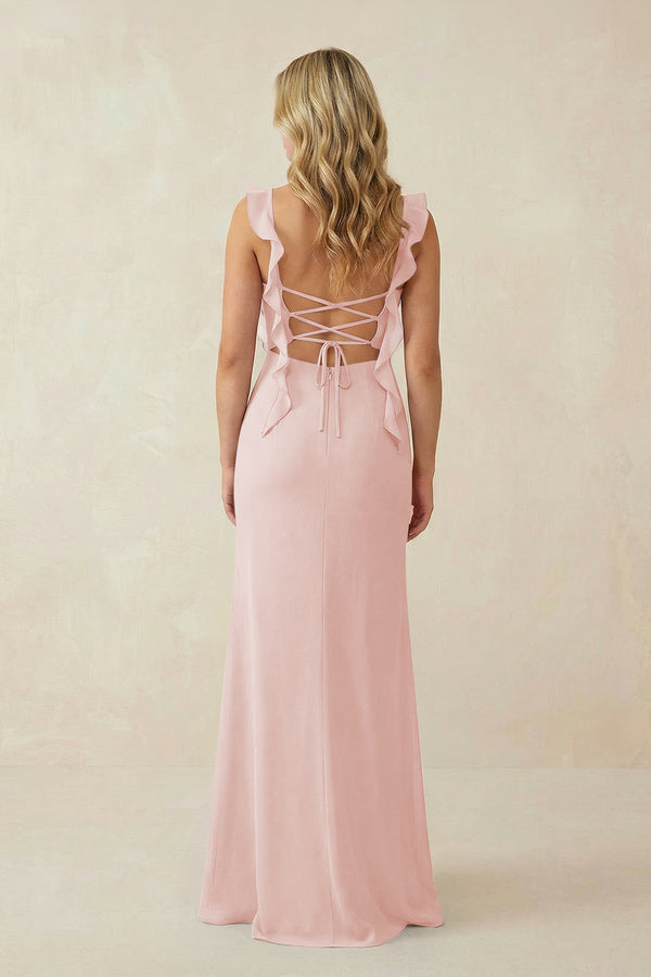 Rose Petal Ruffled Sleeve Ruched Sheath Chiffon Bridesmaid Dress (2) | KISSBRIDAL