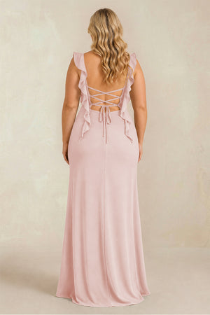 Rose Petal Ruffled Sleeve Ruched Sheath Chiffon Bridesmaid Dress (2) [sizeplus] | KISSBRIDAL