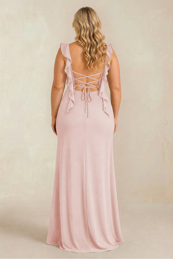 Rose Petal Ruffled Sleeve Ruched Sheath Chiffon Bridesmaid Dress (2) [sizeplus] | KISSBRIDAL