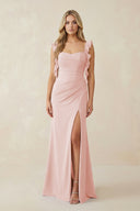 Rose Petal Ruffled Sleeve Ruched Sheath Chiffon Bridesmaid Dress | KISSBRIDAL