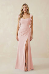 Rose Petal Ruffled Sleeve Ruched Sheath Chiffon Bridesmaid Dress | KISSBRIDAL