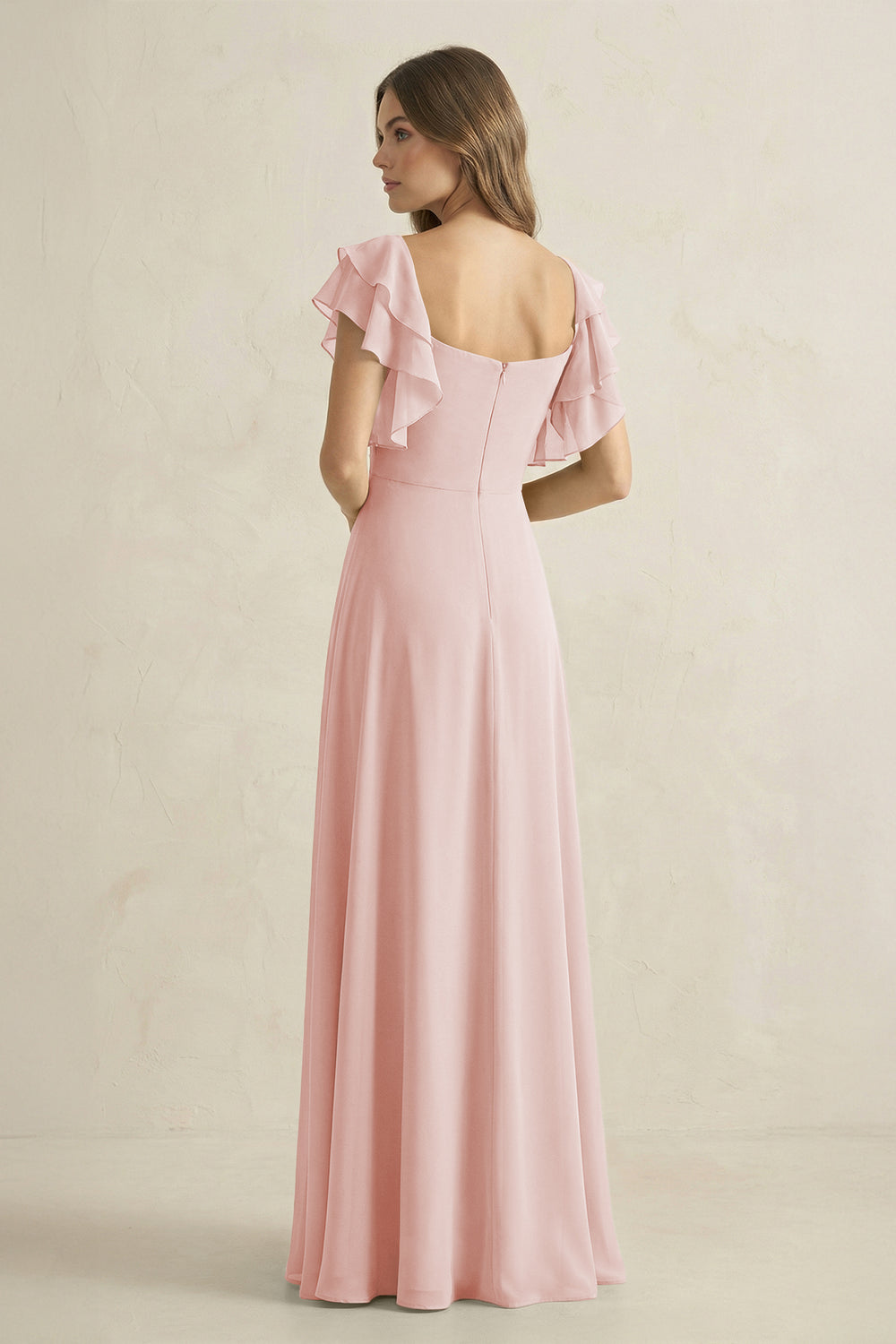 Ruffled Sleeves A-Line Chiffon Bridesmaid Dress in Rose Petal