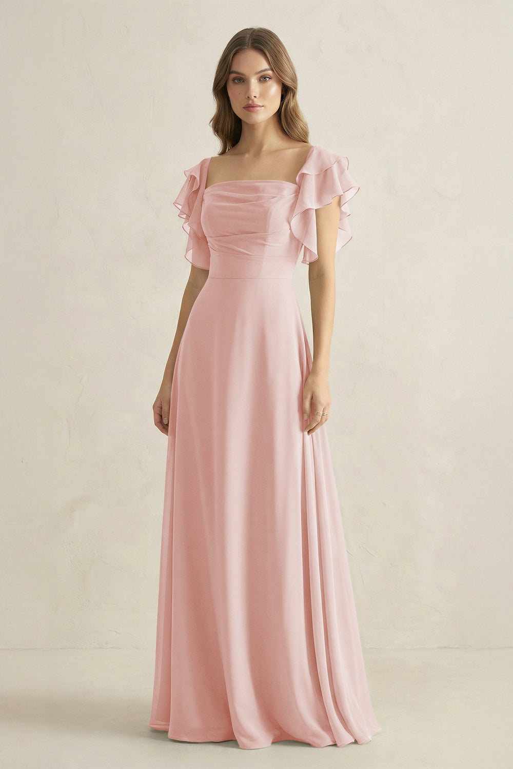 Ruffled Sleeves A-Line Chiffon Bridesmaid Dress in Rose Petal