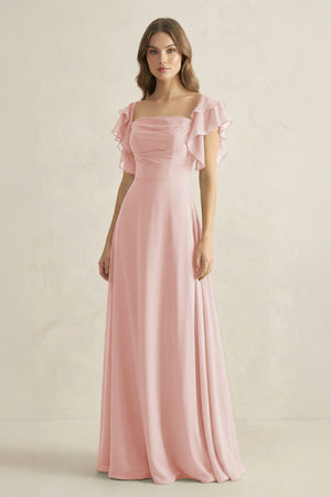 Rose Petal Ruffled Sleeves A-Line Chiffon Bridesmaid Dress | KISSBRIDAL