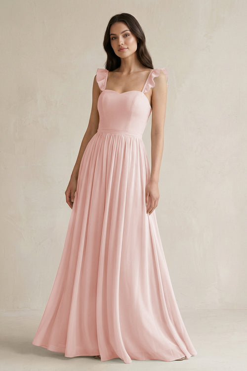 Rose Petal Ruffled Spaghetti Strap Chiffon A-Line Bridesmaid Dress | KISSBRIDAL