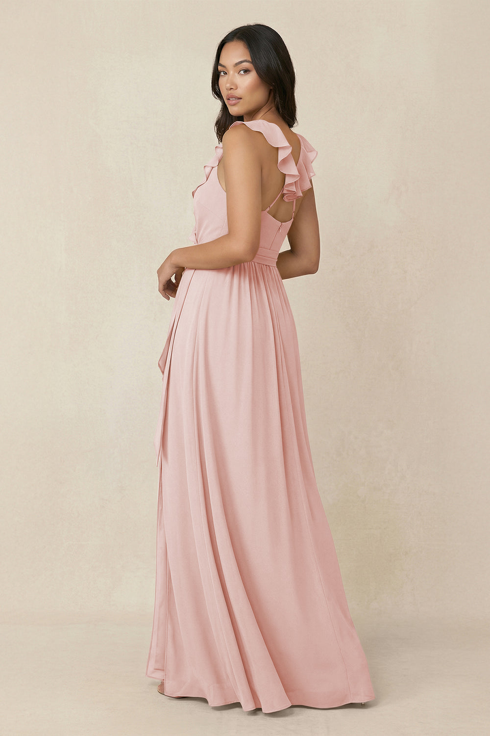 Ruffled V-Neck A-Line Chiffon Bridesmaid Dress in Rose Petal
