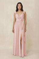 Rose Petal Ruffled V-Neck A-Line Chiffon Bridesmaid Dress | KISSBRIDAL