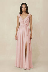 Rose Petal Ruffled V-Neck A-Line Chiffon Bridesmaid Dress | KISSBRIDAL
