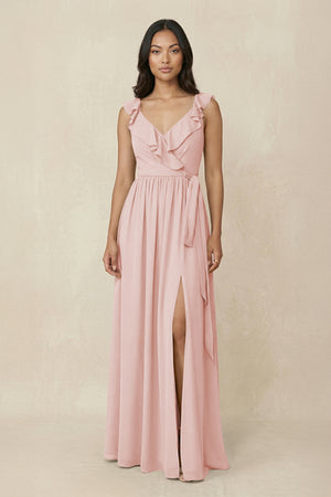 Rose Petal Ruffled V-Neck A-Line Chiffon Bridesmaid Dress | KISSBRIDAL