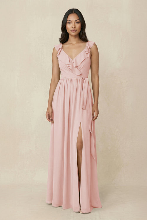 Rose Petal Ruffled V-Neck A-Line Chiffon Bridesmaid Dress | KISSBRIDAL