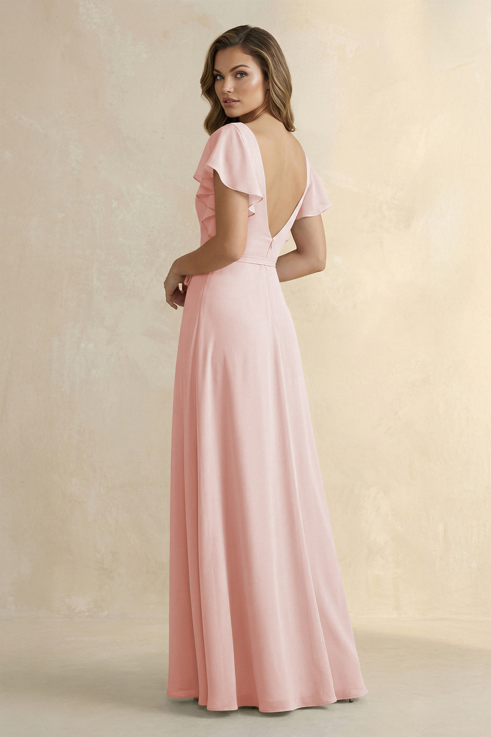 Ruffled V-Neck Chiffon A-Line Bridesmaid Dress in Rose Petal