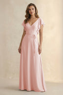 Rose Petal Ruffled V-Neck Chiffon A-Line Bridesmaid Dress | KISSBRIDAL
