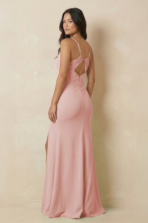Rose Petal Sheath Cami Strap Chiffon Bridesmaid Dress with Slit (2) | KISSBRIDAL