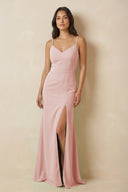 Rose Petal Sheath Cami Strap Chiffon Bridesmaid Dress with Slit | KISSBRIDAL