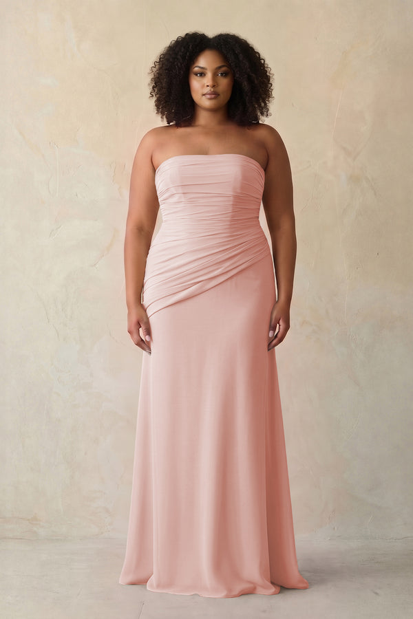 Rose Petal Sheath Chiffon Strapless Pleated Bridesmaid Dress (3) [sizeplus] | KISSBRIDAL