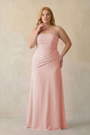 Rose Petal Sheath Chiffon Strapless Pleated Bridesmaid Dress [sizeplus] | KISSBRIDAL