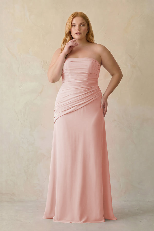 Rose Petal Sheath Chiffon Strapless Pleated Bridesmaid Dress [sizeplus] | KISSBRIDAL