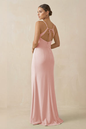 Rose Petal Sheath Spaghetti Straps Chiffon Long Bridesmaid Dress (2) | KISSBRIDAL