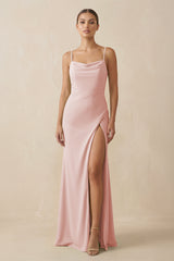 Rose Petal Sheath Spaghetti Straps Chiffon Long Bridesmaid Dress | KISSBRIDAL