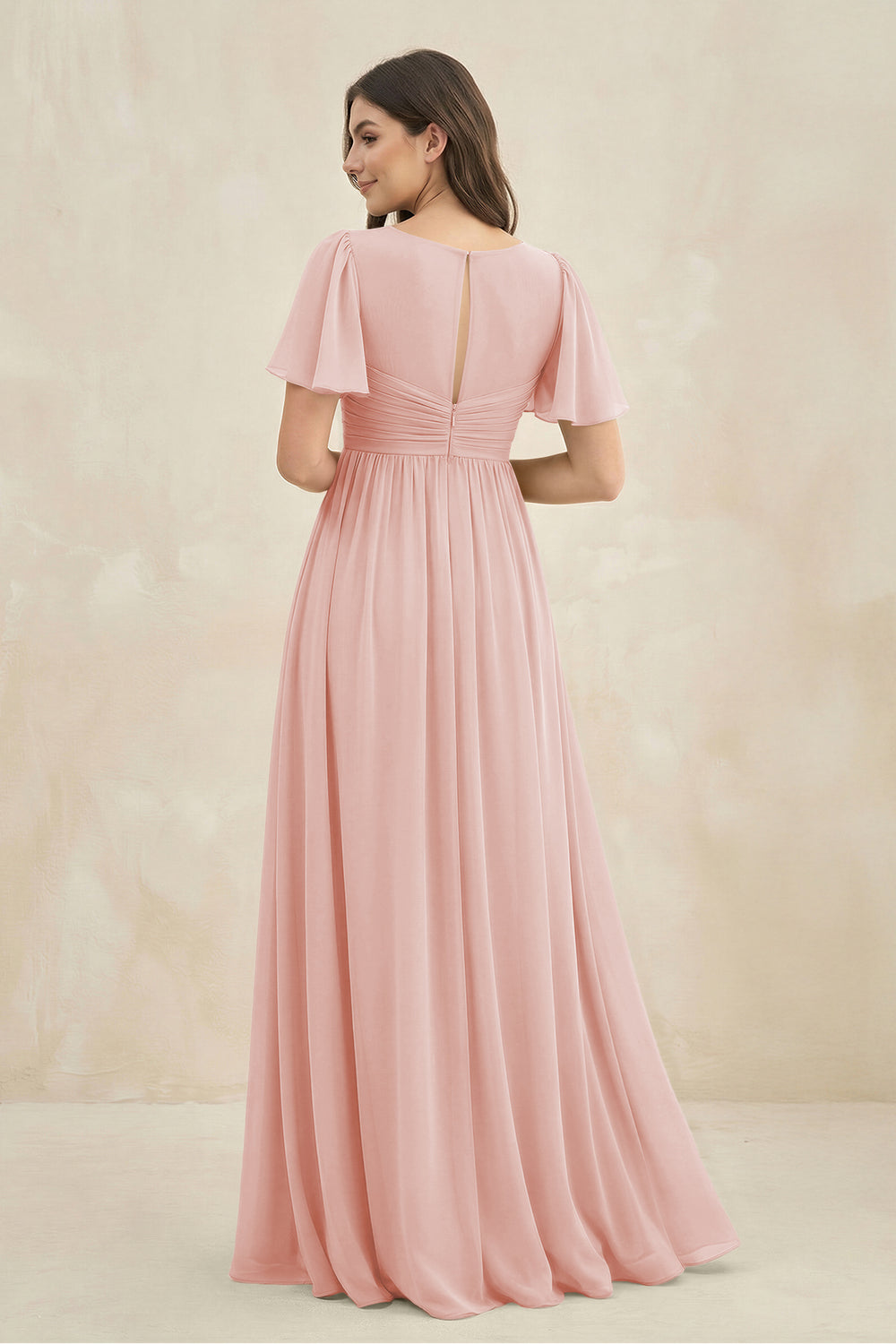 Short Sleeve Chiffon V-Neck A-Line Bridesmaid Dress in Rose Petal