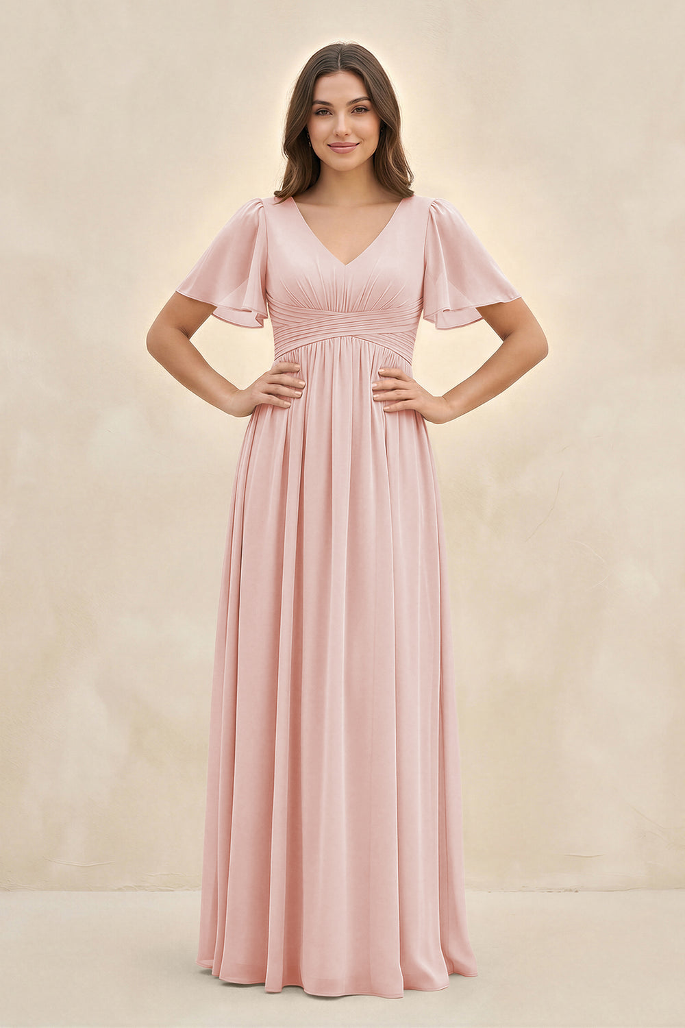 Short Sleeve Chiffon V-Neck A-Line Bridesmaid Dress in Rose Petal