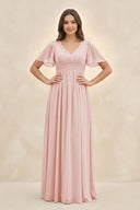Rose Petal Short Sleeve Chiffon V-Neck A-Line Bridesmaid Dress | KISSBRIDAL
