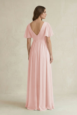 Rose Petal Short Sleeve V-Neck A-Line Chiffon Bridesmaid Dress (2) | KISSBRIDAL