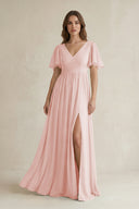 Rose Petal Short Sleeve V-Neck A-Line Chiffon Bridesmaid Dress | KISSBRIDAL