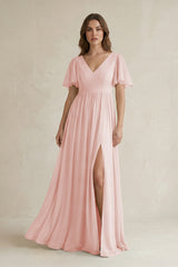 Rose Petal Short Sleeve V-Neck A-Line Chiffon Bridesmaid Dress | KISSBRIDAL