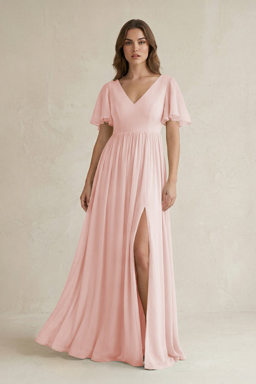 Rose Petal Short Sleeve V-Neck A-Line Chiffon Bridesmaid Dress | KISSBRIDAL