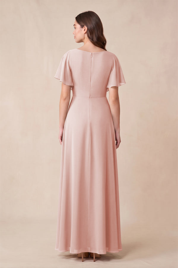 Rose Petal Short Sleeves Bateau A-Line Chiffon Bridesmaid Dress (2) | KISSBRIDAL