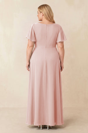 Rose Petal Short Sleeves Bateau A-Line Chiffon Bridesmaid Dress (2) [sizeplus] | KISSBRIDAL