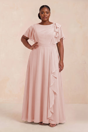 Rose Petal Short Sleeves Bateau A-Line Chiffon Bridesmaid Dress (3) [sizeplus] | KISSBRIDAL