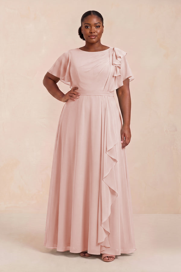 Rose Petal Short Sleeves Bateau A-Line Chiffon Bridesmaid Dress (3) [sizeplus] | KISSBRIDAL