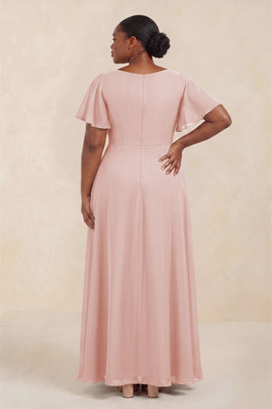 Rose Petal Short Sleeves Bateau A-Line Chiffon Bridesmaid Dress (4) [sizeplus] | KISSBRIDAL