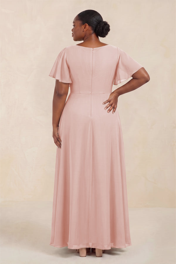 Rose Petal Short Sleeves Bateau A-Line Chiffon Bridesmaid Dress (4) [sizeplus] | KISSBRIDAL