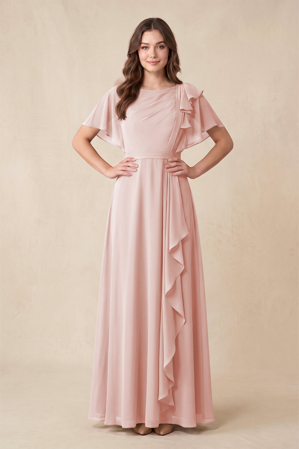 Short Sleeves Bateau A-Line Chiffon Bridesmaid Dress in Rose Petal