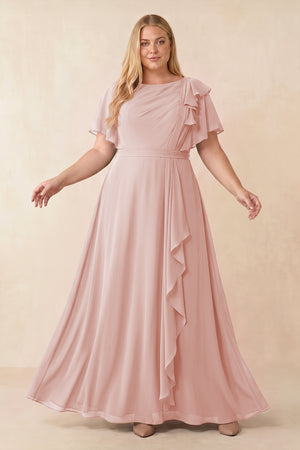 Rose Petal Short Sleeves Bateau A-Line Chiffon Bridesmaid Dress [sizeplus] | KISSBRIDAL