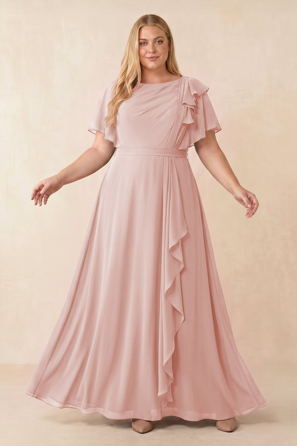 Rose Petal Short Sleeves Bateau A-Line Chiffon Bridesmaid Dress [sizeplus] | KISSBRIDAL