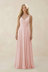 Rose Petal Spaghetti Strap A-Line Chiffon Bridesmaid Dress | KISSBRIDAL