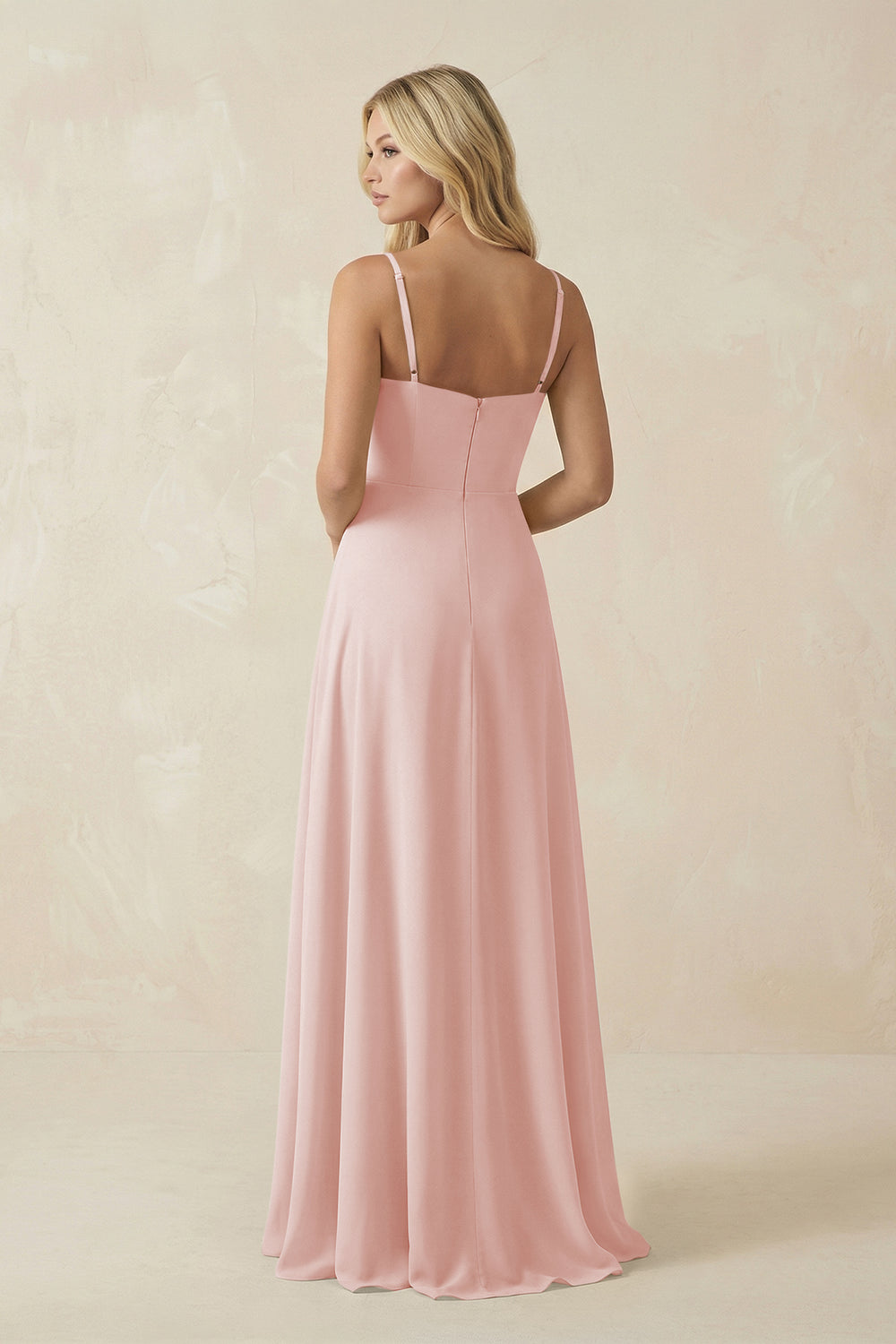 Spaghetti Strap Chiffon A-Line Bridesmaid Dress in Rose Petal