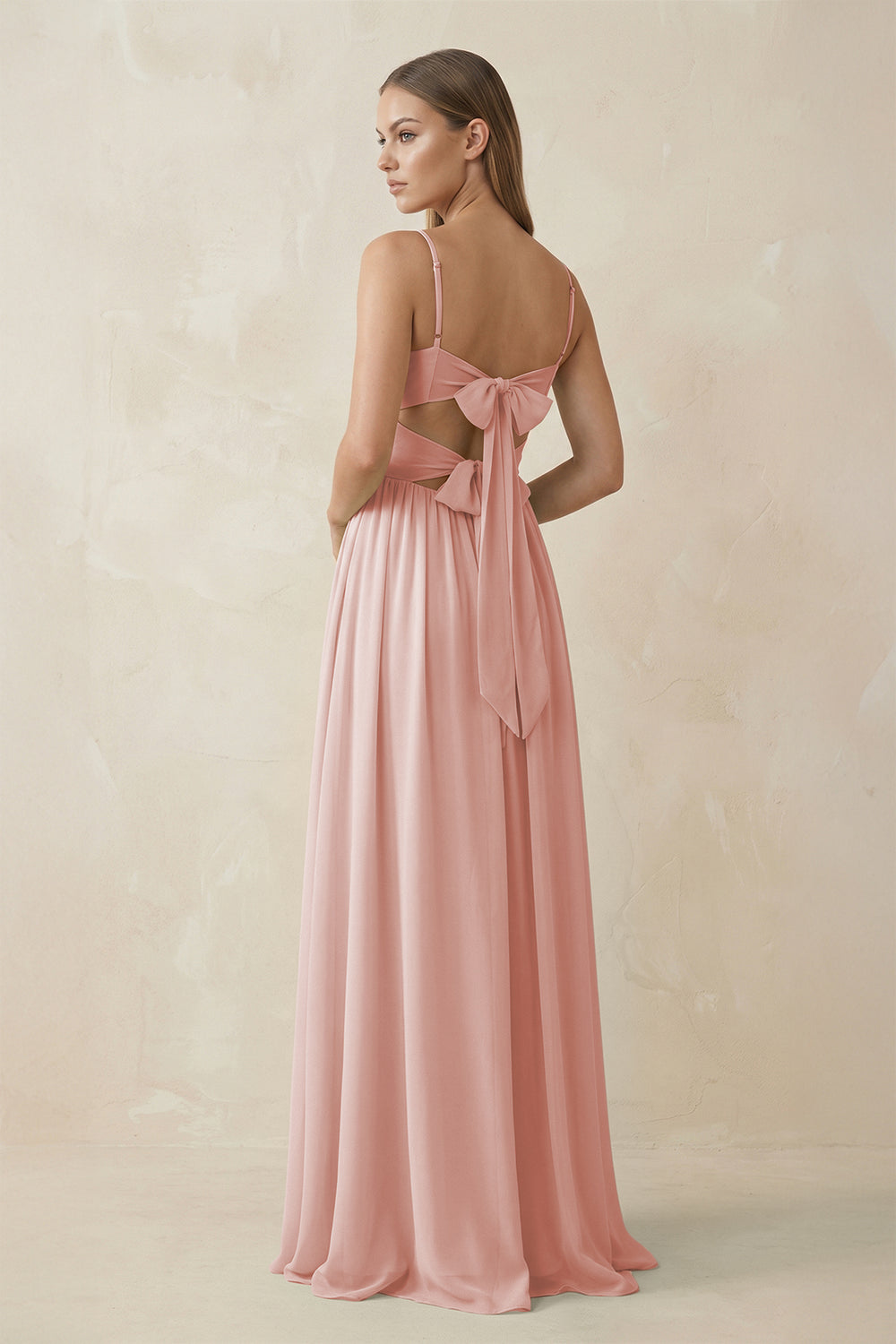 Spaghetti Strap Pleated A-Line Chiffon Bridesmaid Dress in Rose Petal