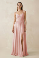 Rose Petal Spaghetti Strap Pleated A-Line Chiffon Bridesmaid Dress | KISSBRIDAL